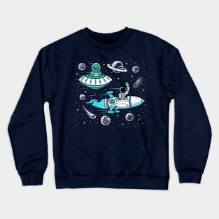 Space Race with Astronaut in Rocket and Alien in UFO Crewneck Sweatshirt